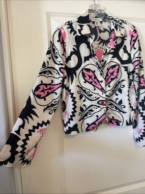Rachel Zoe White, Black & Pink Printed Button-Down Shirt